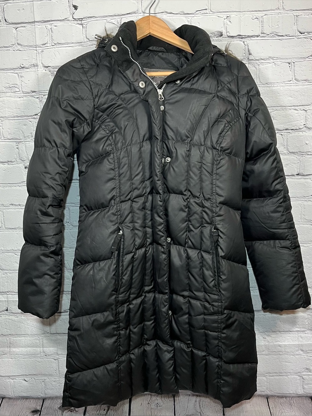 Eddie Bauer Goose Down Jacket Womens Petite XS Black Long Parka Faux Fur Hooded